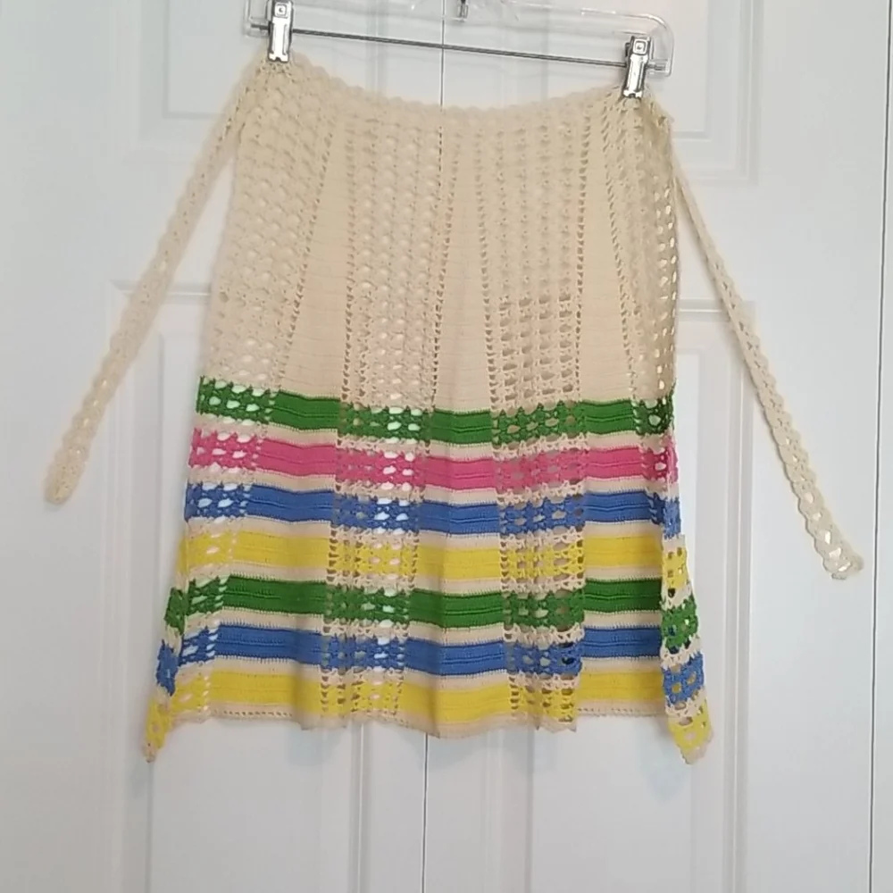 Vintage crochet cream, blue, pink half apron